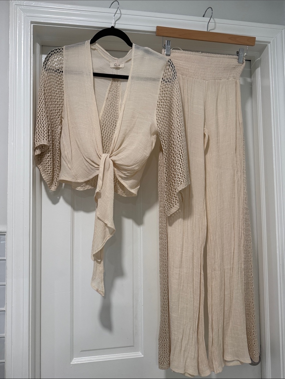 Elan Cream Tie-Front Top with Wide-Leg Pants